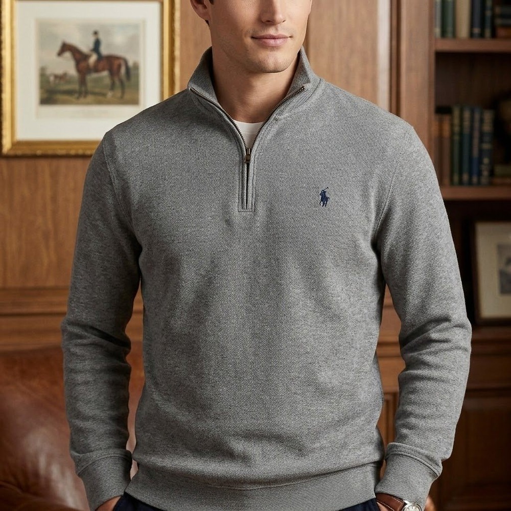 Vintage Polo Ralph Lauren Quarter Zip Pullover Mens M Grey Cotton Embroidered